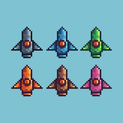 Poster - Pixel art sets icon of spaceship variation color.Spaceship icon on pixelated style. 8bits perfect for game asset or design asset element for your game design. Simple pixel art icon asset.
