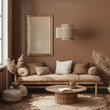 © Daniela - Cozy home interior with wooden furniture on brown background, empty wall mockup in boho decoration, 3d render.