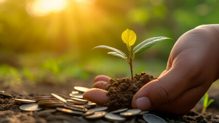 An open hand holds a growing sapling surrounded by coins