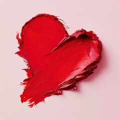 Close-up of a textured heart shape creatively painted in vibrant red on a soft pink backdrop, expressing love