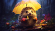 Hedgehog Holding Umbrella on Rainy Day