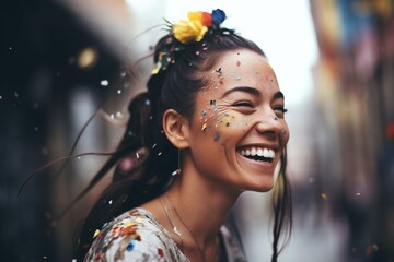 Sticker - woman with confetti in her hair, laughing