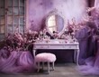 a purple dressing room with a light pink side table and a mirror with flowers and a window