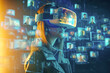 © Degimages - VR Headset, 3D avatars with 3D people faces around her, Woman Enters Digital Internet 3D Universe with Avatars. Next Generation Immersive Social Media.