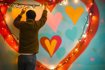 Wall Mural - man hanging string lights around a heart mural for an event