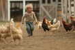 laughing child chasing chickens around the barn