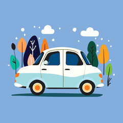  A blue and white car is parked in the park. vector illustration.