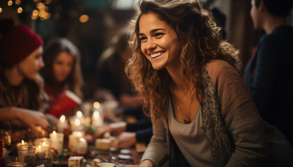 Smiling women enjoying indoor celebration, laughter and togetherness generated by AI