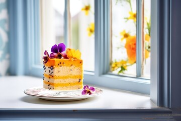 Canvas Print - sponge cake with passion fruit coulis and edible flowers in window