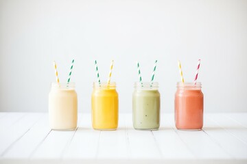 Wall Mural - colorful detox smoothie selection in a row on a white table