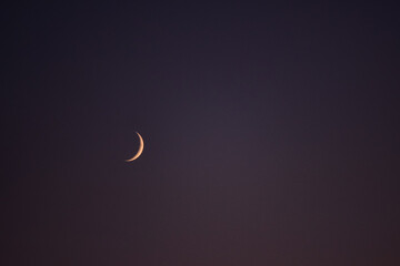 young crescent moon on a clear sky at the end of the day in the summer