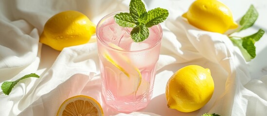 Poster - A pink drink in a glass cup with a mint leaf, white cloth, and lemons.