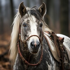 horses decorated for the holiday. Concept: horseback riding and festivals with animals, bright bokeh lights from garlands