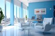 © usman - modern living room interior with light blue walls and a window with daylight coming on a white table and chairs