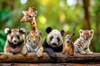a line up of cute animals leaning on a wooden log with jungle background
