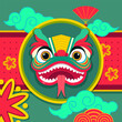 Dragon animal as Chinese New year symbol. Banner design in cartoon style with Chinese paper fan, clouds. Lunar New Year concept