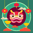 Chinese New Year symbol in cartoon style on green background. Dragon with traditional Chinese lanterns and paper fans. Lunar New Year concept