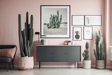 In The Living Room's Interior, A Plant Is Next To A Grey Cabinet With A Pink Phone And A Mock Up Of A Poster