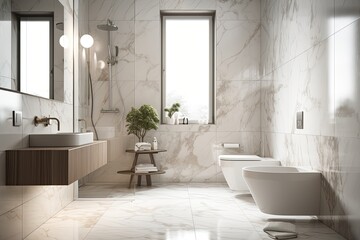 Sticker - toilet and washbasin inside made of marble. the walls are tiled with ceramic. advertising template Layout Mockup