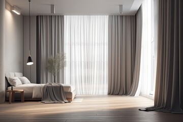 Wall Mural - Interior design of a contemporary empty room with gray walls and curtains