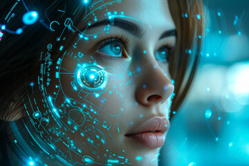 Poster - Experience the futuristic allure of a cyberpunk city with an attractive female cyborg, blending modern fashion, neon lights, and advanced technology in a visionary portrait of beauty and innovation.