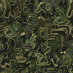 Wall Mural - Seamless khaki green camouflage pattern with abstract wavy shapes, swirls, twirls, paint brush strokes, blots, splattered paint. Dense random composition. Grunge texture Not AI
