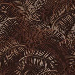 Wall Mural - Seamless brown camo pattern with tropical foliage, palm leaves. Paint brush strokes. Grunge abstract style. For apparel, fabric, textile, sport goods. NOT AI