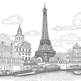 Fototapeta Paryż - Eiffel Tower Coloring Page, Paris Monument, Ai generative
