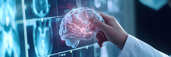 doctor examine patient brain functions and blood vessel on virtual interface. Medical technology and healthcare treatment to diagnose brain disorder and neurological disease