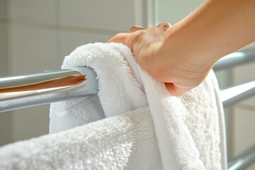 Wall Mural - closeup of a persons hand placing a towel on a rail