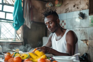 Wall Mural - african guy doing breakfast at home 