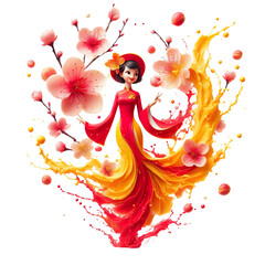 red and yellow pastel peach blossom petals shaped into a funny Beautiful Vietnamese girl in traditional ao dai PNG