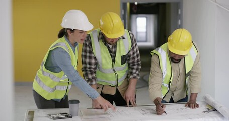 Poster - Construction, team collaboration and blueprint for architecture, building proposal or development logistics. Group, engineering or floor plan for industrial design, maintenance or property management