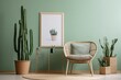 A trendy living room with a light green wall and an empty vertical picture frame. interior design mockup in a modern aesthetic. Free photo copy space. Cactus and a rattan basket