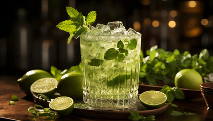 Sticker - Refreshing mojito cocktail with lime and mint leaf generated by AI