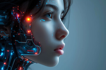Poster - Experience the futuristic allure of a cyberpunk city with an attractive female cyborg, blending modern fashion, neon lights, and advanced technology in a visionary portrait of beauty and innovation.