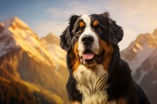 Bernese Mountain Dog Portrait On The Background Of High Mountains. Close-up.