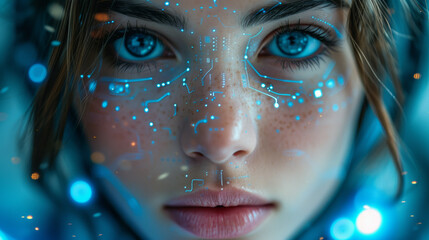 Poster - Experience the futuristic allure of a cyberpunk city with an attractive female cyborg, blending modern fashion, neon lights, and advanced technology in a visionary portrait of beauty and innovation.