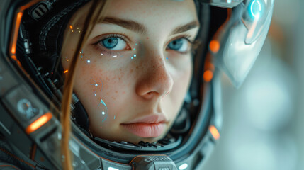 Poster - Experience the futuristic allure of a cyberpunk city with an attractive female cyborg, blending modern fashion, neon lights, and advanced technology in a visionary portrait of beauty and innovation.