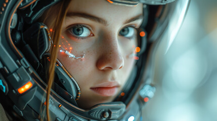 Poster - Experience the futuristic allure of a cyberpunk city with an attractive female cyborg, blending modern fashion, neon lights, and advanced technology in a visionary portrait of beauty and innovation.