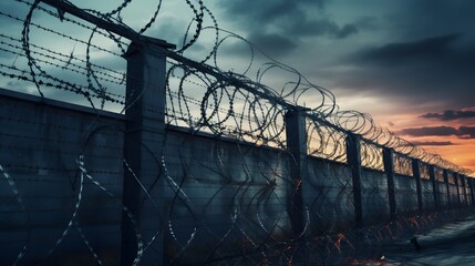 Prison security fence. Barbed wire security fence. Razor wire jail fence. Barrier border. Boundary security wall. Prison for arrest criminals or terrorists. Private area. Military zone concept.
