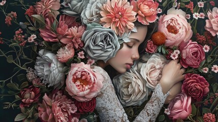 Wall Mural - Beautiful girl in a wreath of flowers on a dark background