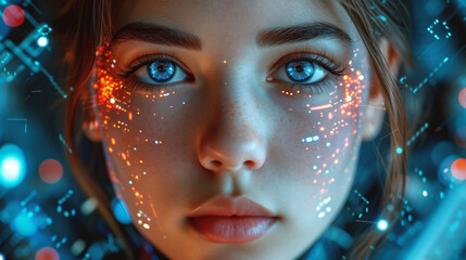 Poster - Experience the futuristic allure of a cyberpunk city with an attractive female cyborg, blending modern fashion, neon lights, and advanced technology in a visionary portrait of beauty and innovation.