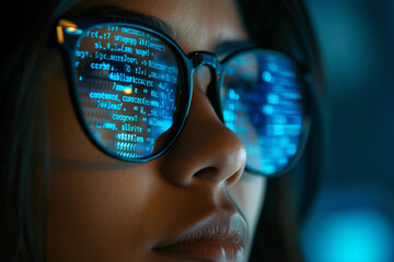 Wall Mural - Data analysis with a woman in goggles, delving into complex coding and highlighting the digital framework, algorithm, and insight for innovative automation in a virtual environment.
