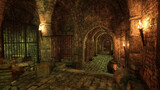 Fototapeta  - Dark gloomy dungeon corridor in an old medieval prison with empty jail cells. 3D rendering.
