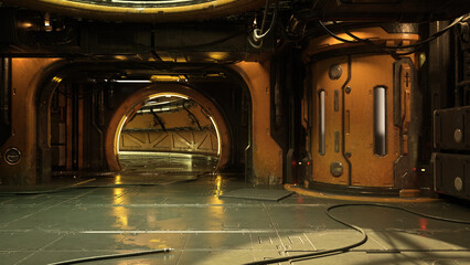 Poster - Fantasy future cyberpunk grungy underground tunnel environment. 3D rendering.