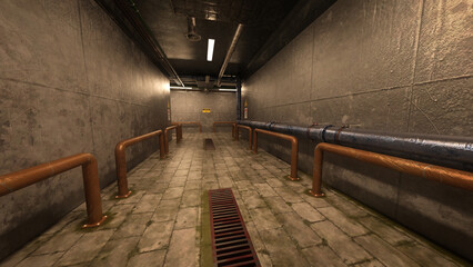 Aufkleber - Empty corridor in the basement of an old industrial building. 3D rendering.