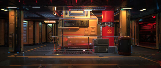 Poster - Panoramic 3D rendering of a futuristic fantasy space station or ship interior.