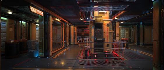 Poster - Wide cinematic 3D illustration of a fantasy future space station or spaceship interior.