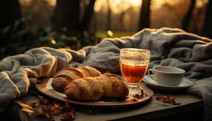 Sticker - Wooden table with homemade croissant and hot coffee generated by AI